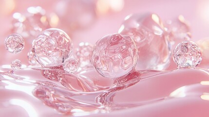 Elegant pink serum with transparent bubbles for skincare product advertisement backdrop