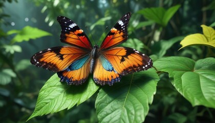 Obraz premium colorful butterfly resting on a lush green leaf, image, pattern, butterfly