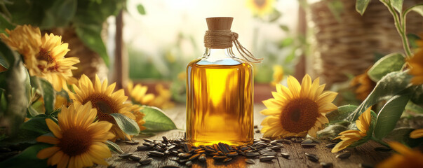 Organic sunflower oil bottle surrounded by vibrant sunflowers and seeds, creating warm and inviting atmosphere. Perfect for culinary and health related themes