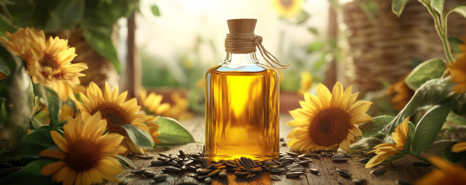 Organic sunflower oil bottle surrounded by vibrant sunflowers and seeds, creating warm and inviting atmosphere. Perfect for culinary and health related themes