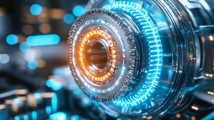 A time-lapse effect of a complex mechanical part being printed, glowing under blue LED lights