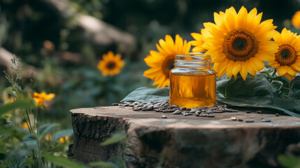 rustic outdoor setup featuring jar of sunflower oil surrounded by vibrant sunflowers and sunflower seeds, creating warm and inviting atmosphere