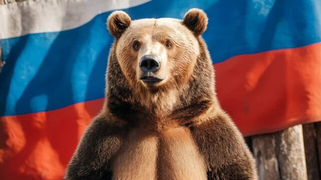 A Captivating Grizzly Bear in Front of the Russian Flag: A Close Encounter with Nature's Majesty in a Unique Cultural Context
