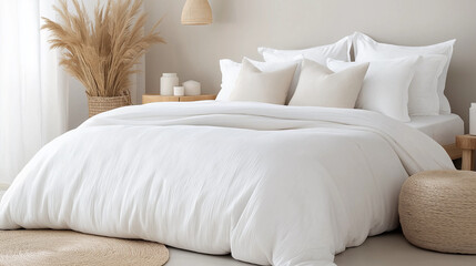 A spacious and serene bedroom with a neutral color palette of beige, soft white, and light gray. The design is minimalist, featuring a neatly made bed with cozy, textured beddin