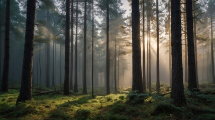 Obraz premium Sunbeams Filtering Through Misty Pine Forest