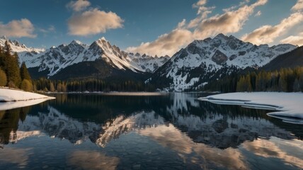 Obraz premium Majestic Mountain Lake Reflection at Sunset