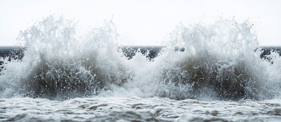 Powerful ocean waves crashing against the shore, creating a dramatic scene with mist and foam