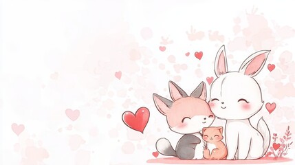 Happy Family of Cute Animals - Adorable cartoon illustration of a fox, bunny, and kitten cuddling together