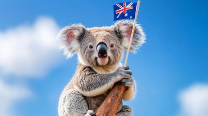Koala Holding Australian Flag - Adorable koala bear proudly displays the Australian flag, symbolizing national pride, wildlife, conservation,  Australian identity, and nature.