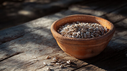 Fresh sunflower seeds in clay pot on rustic wooden table, showcasing natural textures and earthy tones. Perfect for culinary uses or healthy snacking