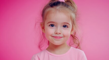 Happy Little Girl Pink Background - Adorable little girl smiles at the camera against a bright pink backdrop.  Perfect for websites, blogs, or marketing materials.