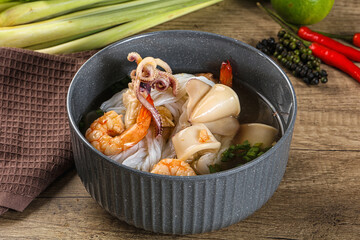 Vietnamese Pho Bo soup with seafood