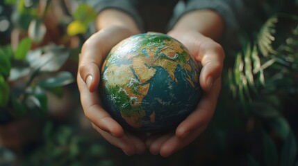 Hands Holding a Miniature Globe Representing Earth Surrounded by Lush Greenery, Symbolizing Environmental Awareness and Care for Our Planet