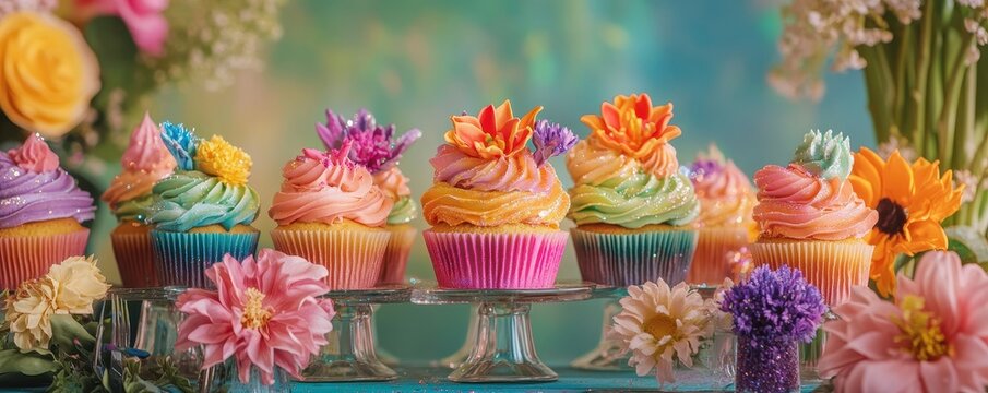 Colorful and vibrant arrangement of delicious cupcakes, perfect for celebrations and sweet treats.