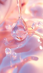 Delicate cascading droplets on a serene pink surface, abstract liquid art and soft pastel palette