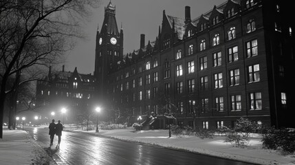 Obraz premium Snowy Night Stroll Past Historic University Building