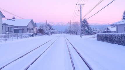 Obraz premium Snowy Train Tracks at Peaceful Dawn Suburban Scene