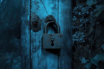 Rusty padlock secures weathered blue wooden door in dark, mysterious forest setting.