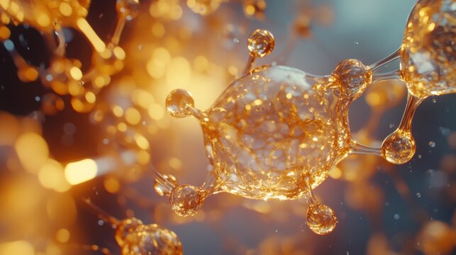 Molecular structure visualization with gold nanobots in liquid, scientific and medical research
