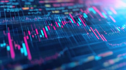 Stock market analysis with 3D graphs showing market fluctuations