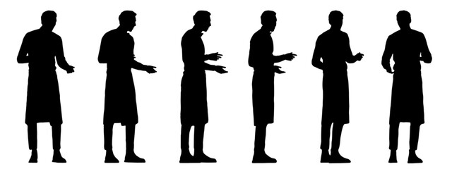 Vector concept conceptual black silhouette of a male waiter taking an order from different perspectives isolated on white background. A metaphor for working, business, relaxation and lifestyle
