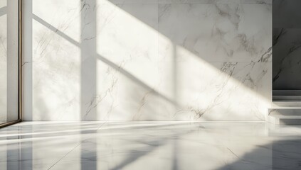 Obraz premium Sunlit Marble Interior: A minimalist interior bathed in the warm glow of sunlight, showcasing the sleek elegance of marble walls and polished floors, creating an airy and sophisticated ambiance. 