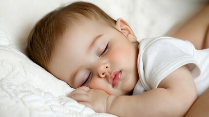 A baby sleeping peacefully in a parent's arms, with a soft focus on the infant's serene face.