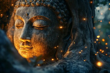 Serene Buddha statue nestled in tree roots, glowing fireflies, peaceful forest background; meditation