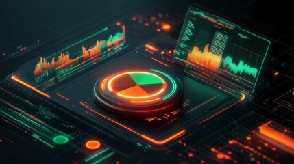 Obraz premium A futuristic dashboard with overlapping holographic pie charts in bright green and orange glowing over a dark theme