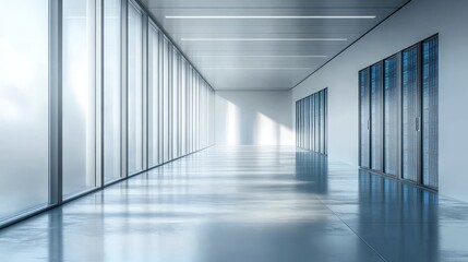 A modern hallway with large windows and sleek design, showcasing clarity and brightness.