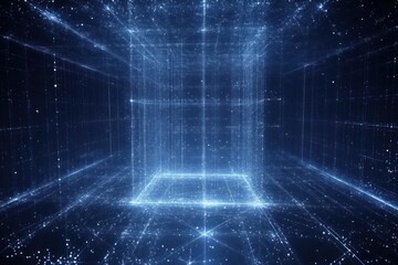 Obraz premium Futuristic digital space with glowing grid and light beams