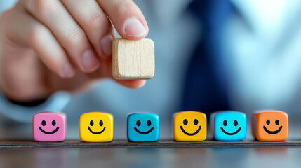 A person arranging smiley face blocks, symbolizing positive workplace culture.