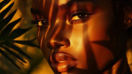 Closeup Portrait of a Woman with Golden Sunlight and Shadow