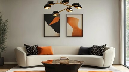 Chic contemporary living space featuring a curved sofa, modern coffee table, and an artistic chandelier.