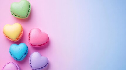 Fototapeta premium Sweet Heart Macarons Drone Shot - Colorful heart-shaped macarons arranged artfully, symbolizing love, sweetness, delicacy, celebration, and joy. Perfect for Valentine's Day or any special occasion.