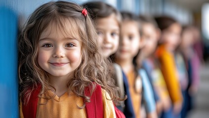 Fototapeta premium First Day Jitters: A line of adorable young children, full of anticipation and excitement, eagerly wait for their first day of school.