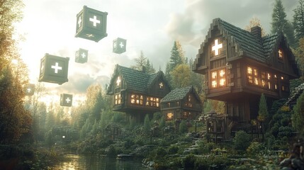 Fototapeta premium A serene landscape featuring magical wooden houses surrounded by lush greenery and floating cubes.