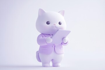 Adorable cartoon cat in a purple suit uses a tablet, showcasing modern technology and cuteness.