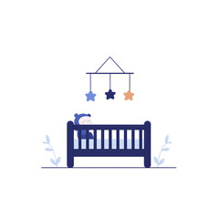 Obraz premium Cute Baby in Crib with Colorful Mobile and Flower Decoration