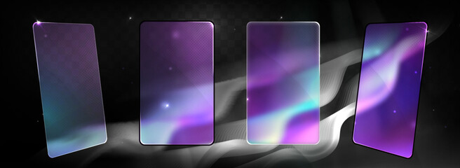 Holographic Phone Wallpapers. Glassmorphism screens smartphone. Transparent matt glass plates on the gray color northern lights in the night starry sky background. Aurora Borealis