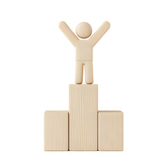 Wooden Figure Celebrating Achievement on Pedestal with Joyful Gesture