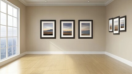 Obraz premium Contemporary home with a mix of rectangular and square picture frames on a neutral-colored wall.