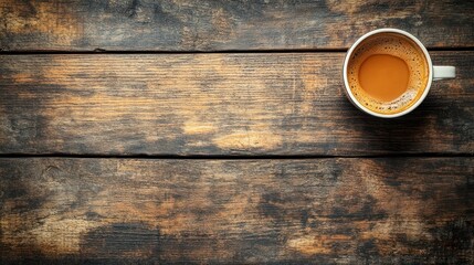 Coffee cup on wooden table top view