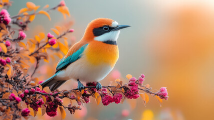 A vibrant bird perched on a branch surrounded by colorful autumn foliage.