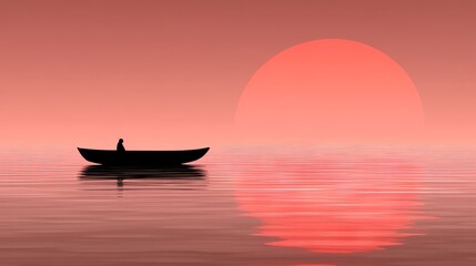 Naklejka premium Solitary Figure in Rowboat at Sunset, Peaceful Waters