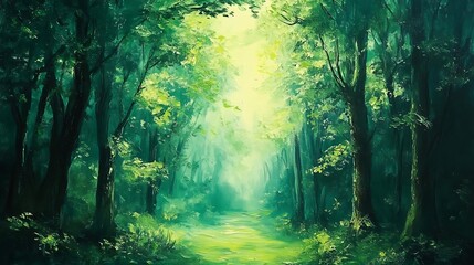 Naklejka premium A Sunlit Path Through a Lush, Green Forest