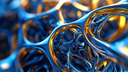 Abstract blue gold metallic network, glowing, digital art, background