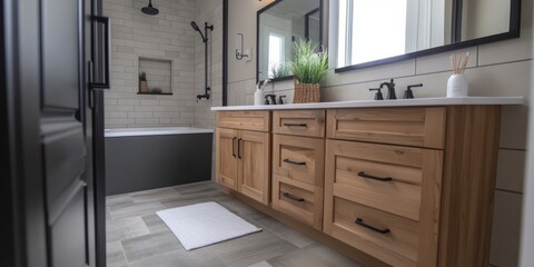 Modern Bathroom Design With Wood Vanity And Black Accents