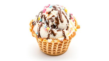 Ice cream scoop on waffle cone on white background