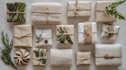 Elegant Neutral Gifts Wrapped in Natural Textiles and Greenery
